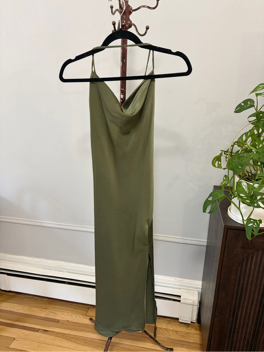 ASTR Gaia Dress - Olive Slip Midi Dress with Cowl Neck